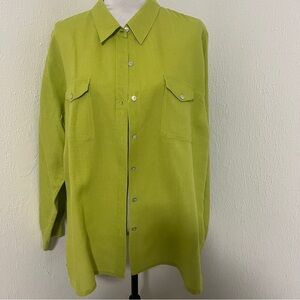 Lino By Chicos Size 3 XL Button Up Shirt Blouse 100% Linen Vibrant Green EUC
